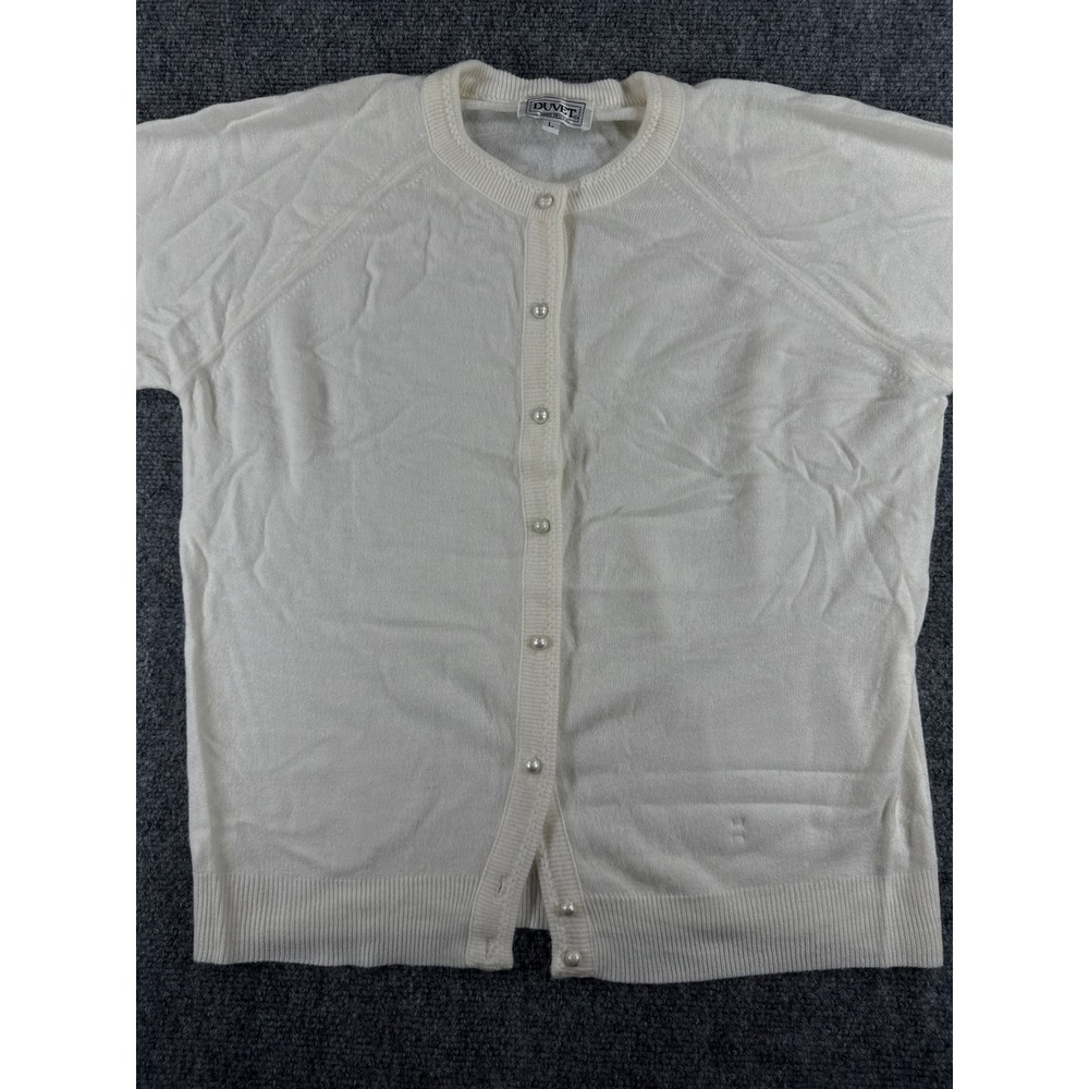 Duvet Cardigan Sweater Womens Large White Good Faux Pearl Button Raglan USA Made